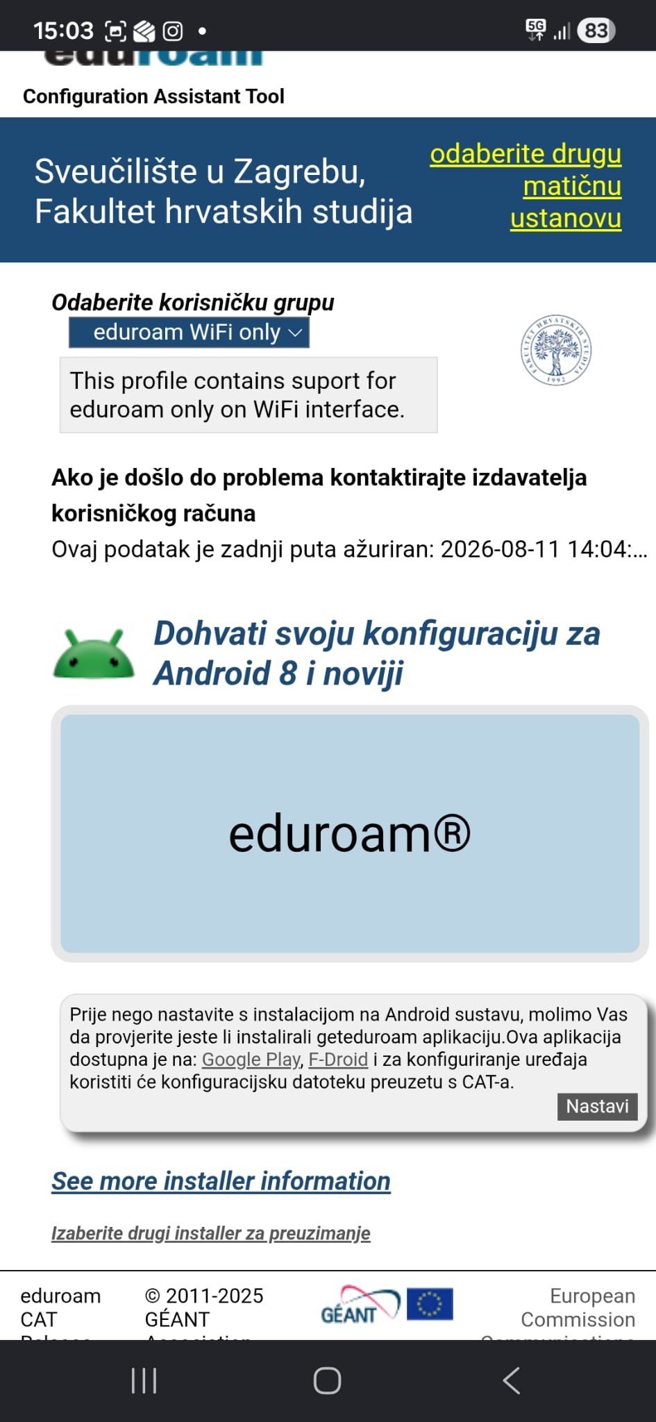 Preuzimanje eap-config datoteke za geteduroam